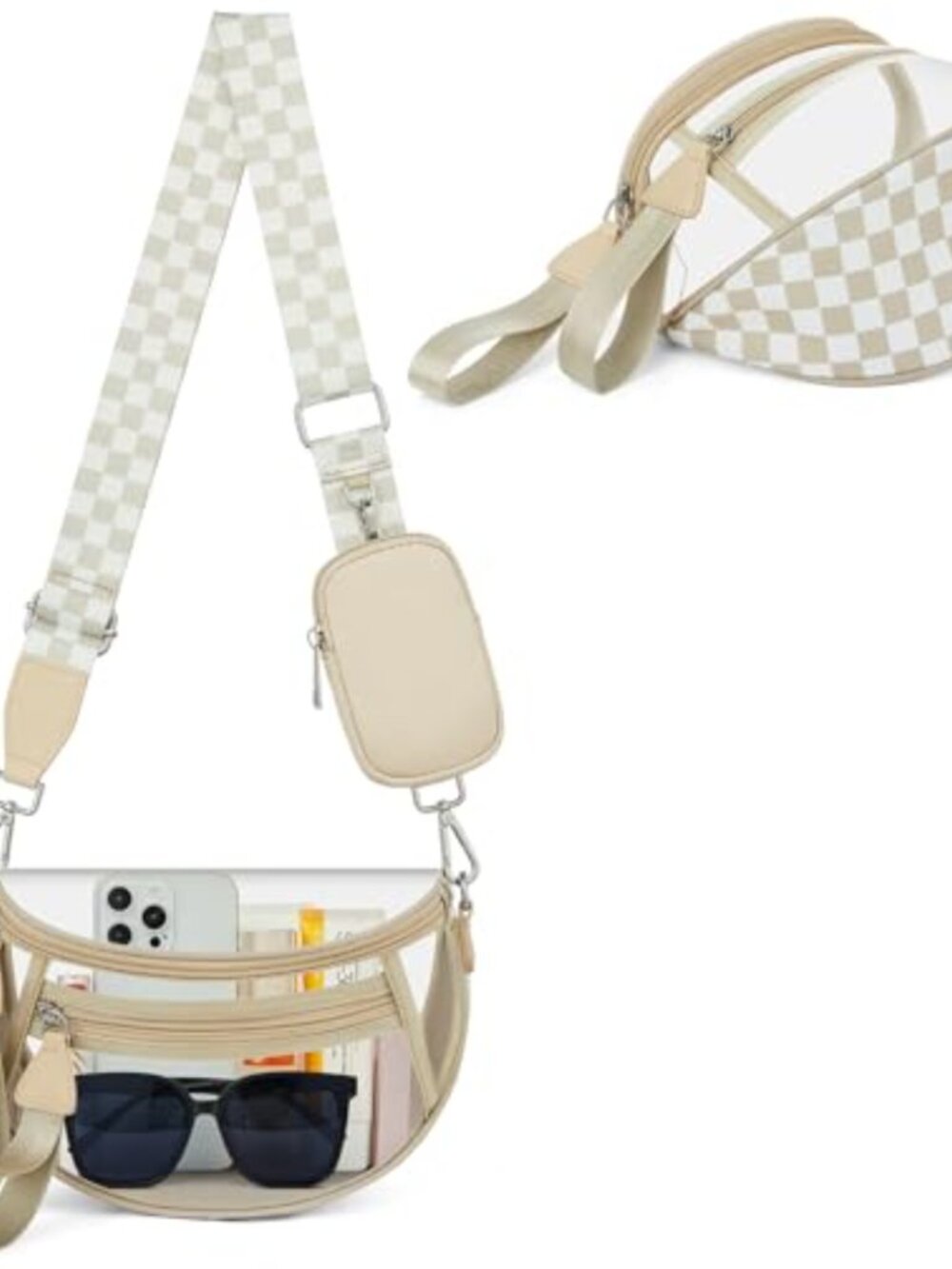 Clear Crossbody Bag with Checkered Pattern Large Capacity Zipper Purse